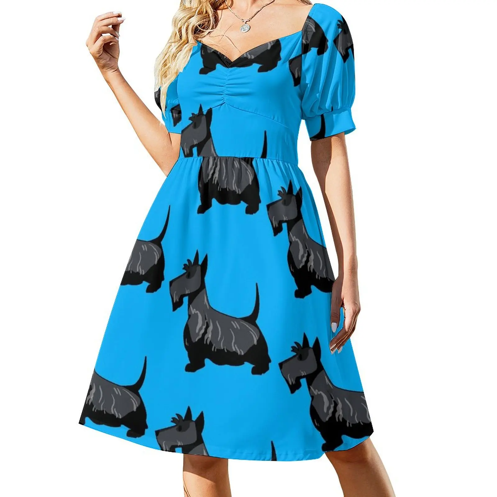 thumbnail image 1 of Vestido de manga corta con perro Terrier escocés vestidos de verano para mujer vestidos de noche elegantes para boda vestidos de playa, 1 of 7