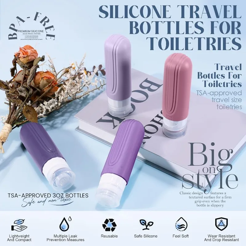 Silicone Travel Toiletries Refillable Leak-Proof Containers Set - 90ml Portable Squeezable Bottles