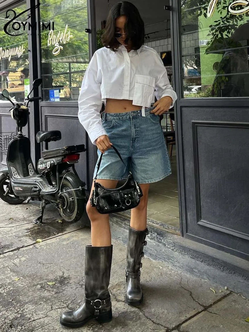 Oymimi Elegant White Cotton Women's Shirt Fashion Long Sleeve Pockets Crop Shirts Summer Autumn Turn-Down Collar Solid Blouses