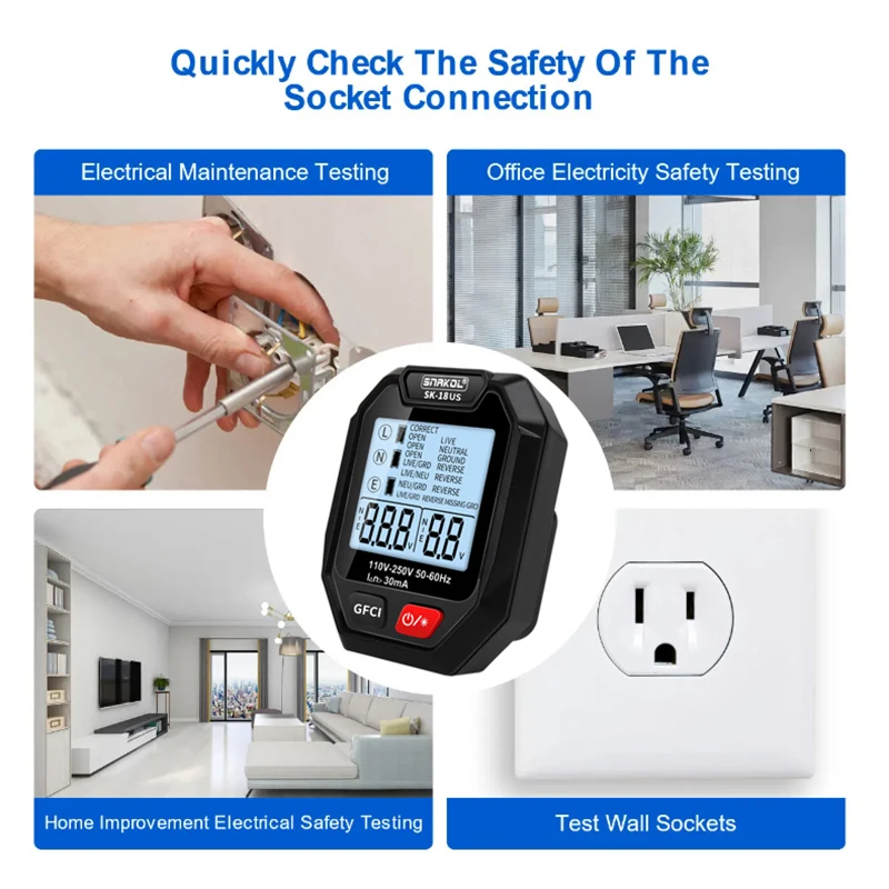 SK18 Digital Socket Tester EU US UK Plug Polarity Detection Large LCD Socket Wiring Diagnosis Voltage Display RCD Test 6