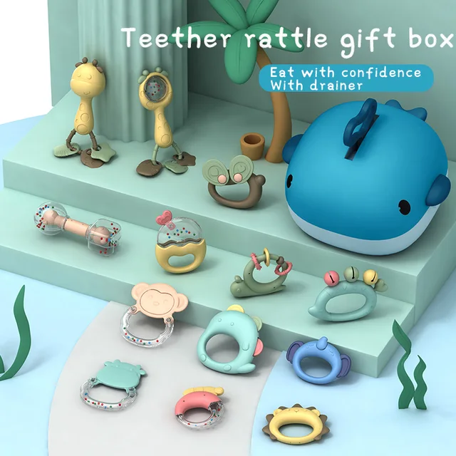 Baby Toy Grip Training Baby 0-6 Months Puzzle Can Be Boiled Can Bite Silicone Toddler Rattle Rabbit Monkey Whale Storage Box 1