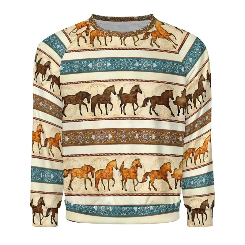 

Vintage Horse Graphic Sweatshirts Race Cheval Sports 3D Print Pullovers For Men Clothes Funny Design Women Long Sleeve Boy Tops