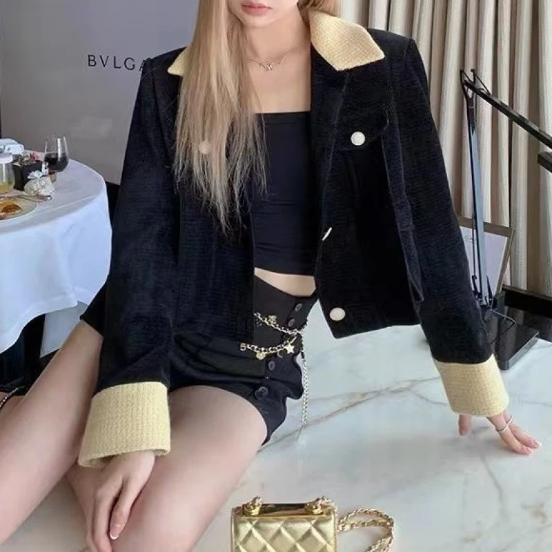 

Vintage Black Short Coat Office Lady Winter Slim Casual Long Sleeve Jacket Elegant Korean Style Fashion Cardigan Woman Chic