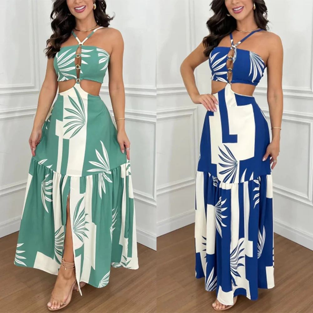 New Fashion Summer Casual Tropical Print Backless Maxi Dresses Sexy Hollow Halter Elegant Lady Vacation Female Long Sundress 6