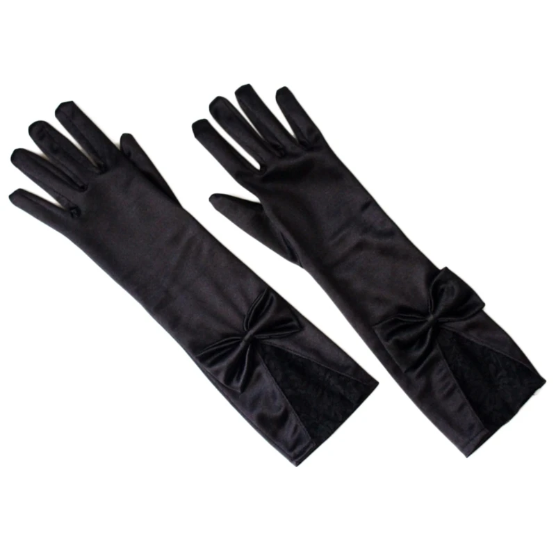 

Длинные атласные черные перчатки для женщин и девочек, элегантные однотонные варежки с бантом и кружевной отделкой, варежки на
