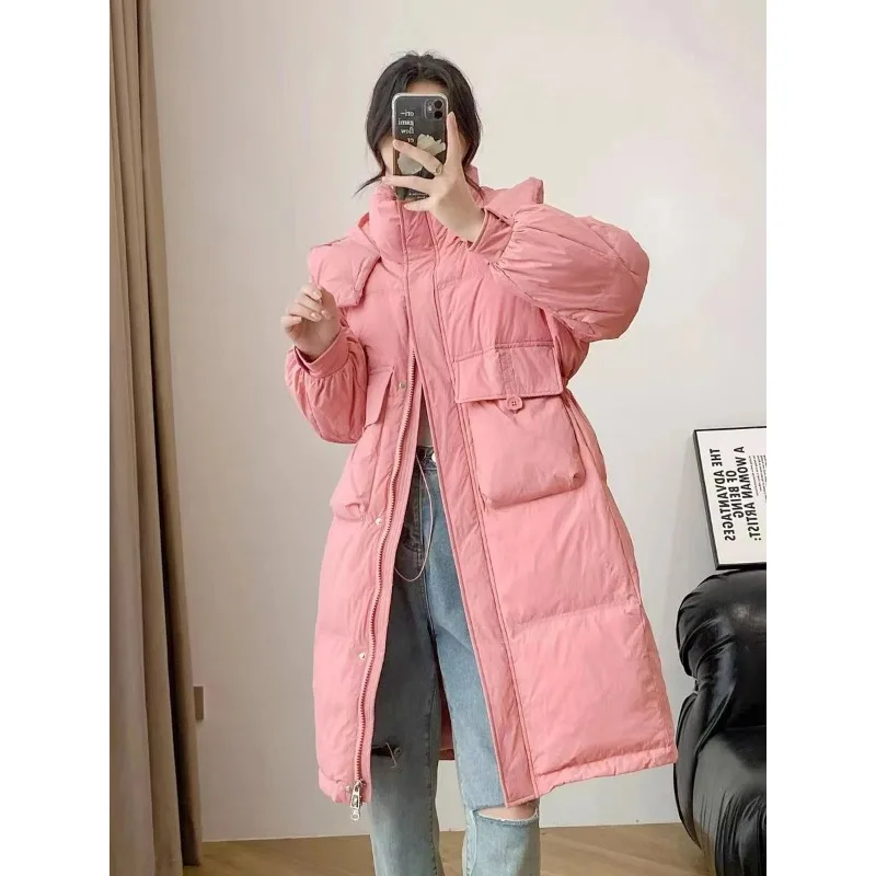 2023 New Women Down Jacket Winter Coat Female Mid Length Version Parkas Loose Warm Thick Outwear Hooded Solid Color Overcoat