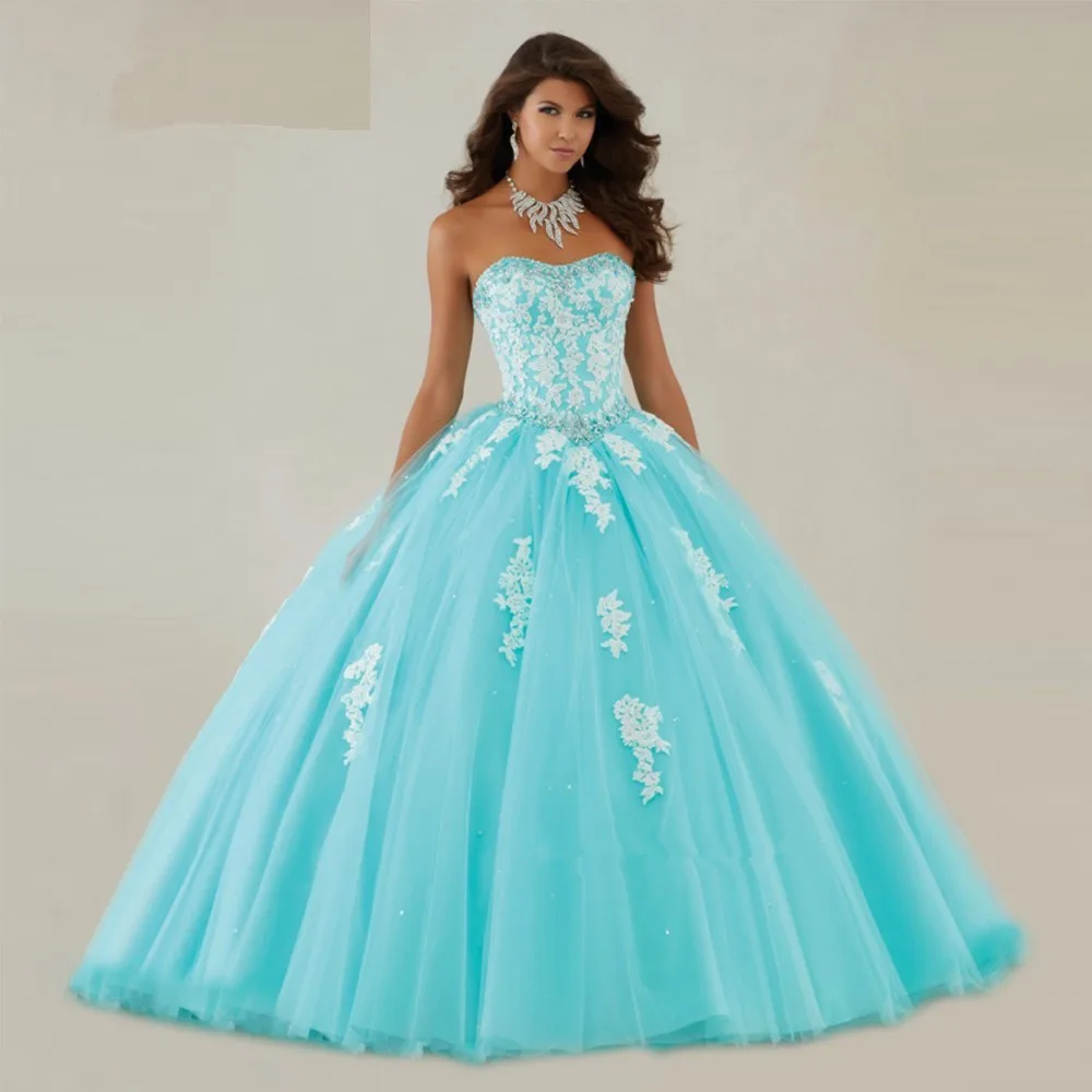 

vestidos de quinceañera 2020 sweet 16 dresses Turquoise Cheap Gown White Lace Debutante Crystal Floor Length Quinceanera Dresses