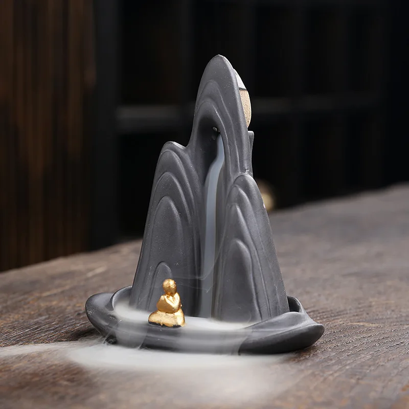 Zen Meditation Backflow Incense Burner Purple Clay Incense Holder for Home Decor Aromatherapy Relaxation Gifts (Without Incense）