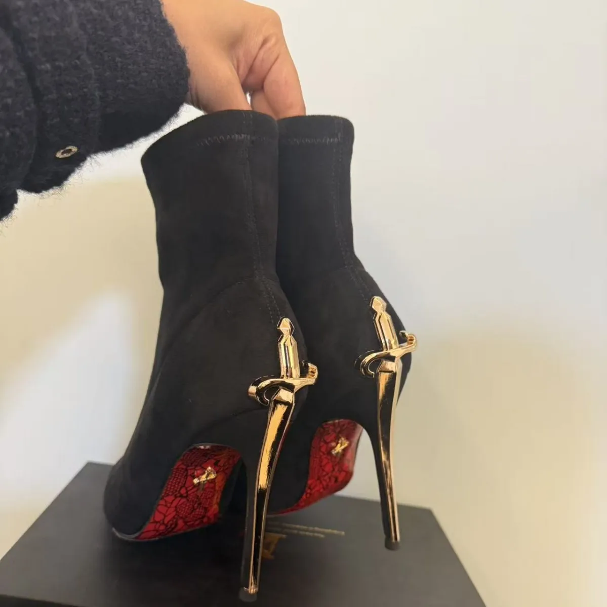 Ladies' Velvet Gold Dagger High Heel Red Bottom Boots front view