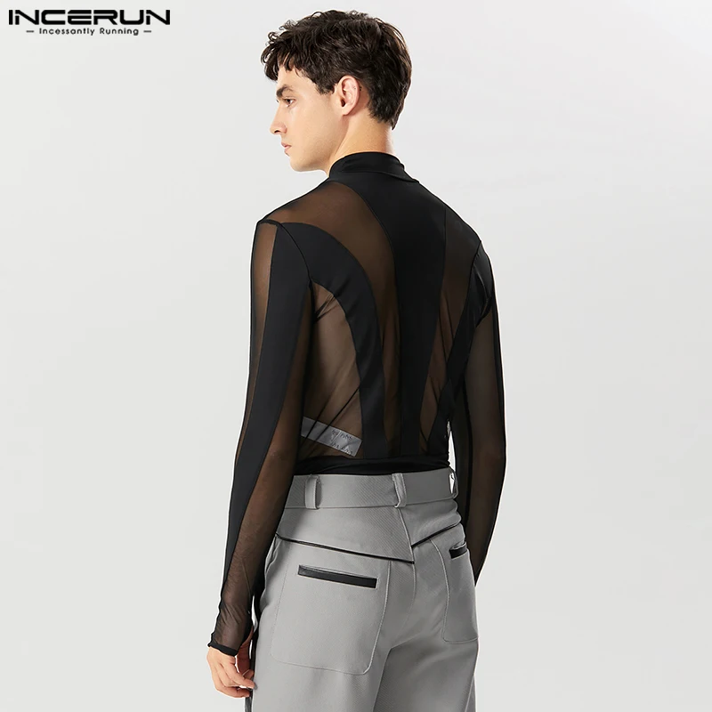 INCERUN Sexy Fashion Style Men's Jumpsuits Splice See-through Mesh Rompers Casual Party Shows Thimble Long Sleeve Bodysuit S-5XL