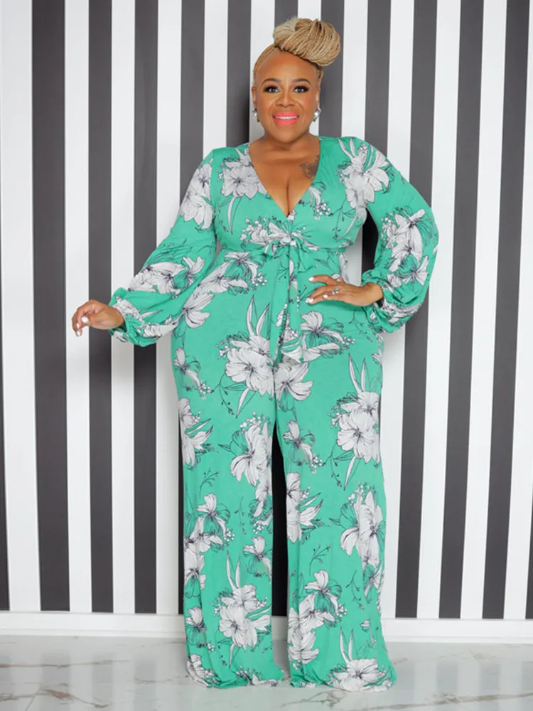 

ZJFZML ZZ Plus Size Floral Print Wide Leg Long Jumpsuit Ladies Vintage Plunge V-neck Long Sleeve High Waist Full Length Clothing