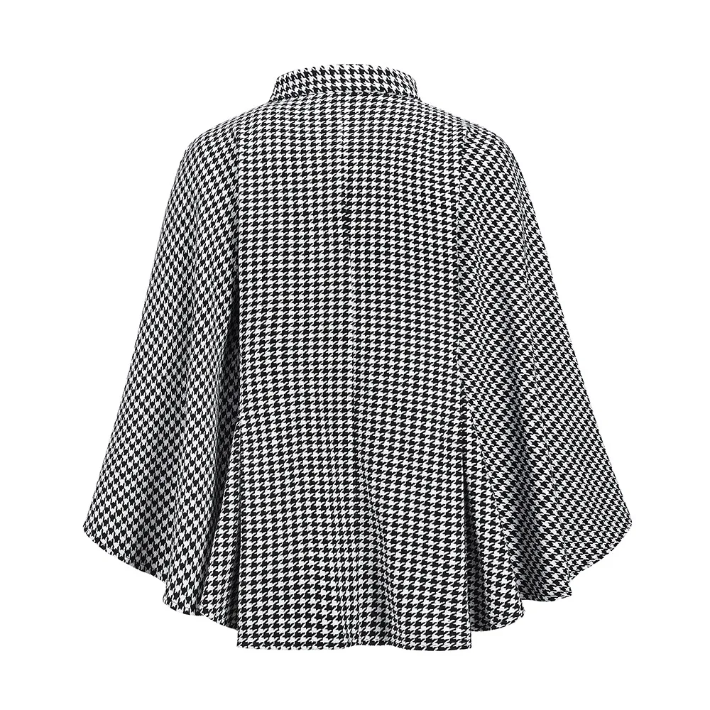 Coat Fashion Hounds tooth Print Half-high Collar Lace Up Bat Wing Elegant Women's Clothing.  One -Size photo