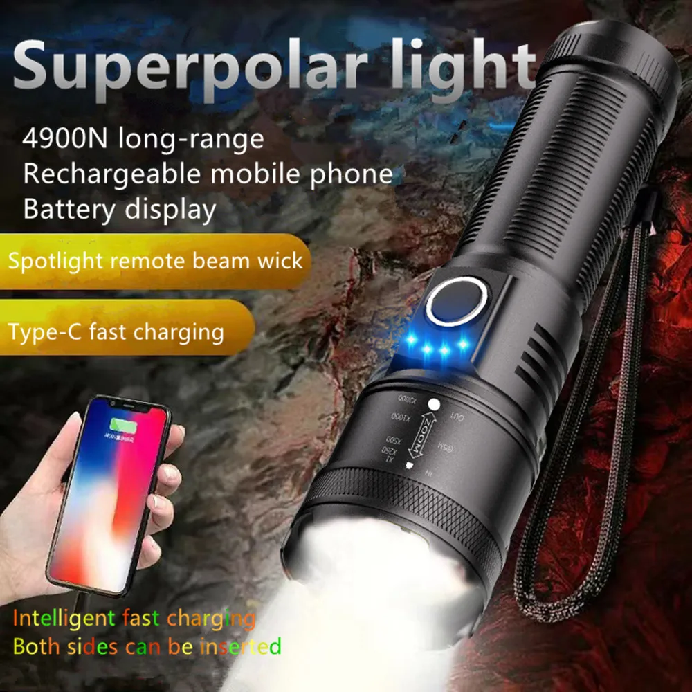 High Power LED Flashlight Long Range Spotlight Tactical Torch USB Rechargeable Lantern Fishing Camping Built-in 18650 Battery