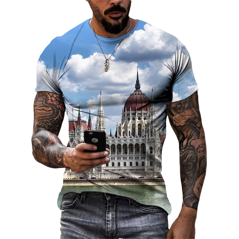 

New Cathedral Landscape Picture Summer Tide Men's And Women's T-Shirts 3D Print Pattern Hip Hop Round Neck Tees Short Sleeve Top