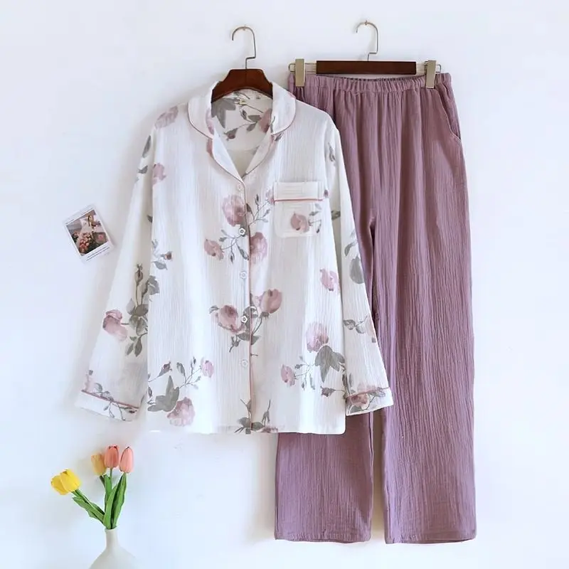 Big Size Sleepwear Women Spring Autumn Cotton Pajamas Set Long Sleeve Button Cardigan Pants Homewear Prints Loungewear Pajamas