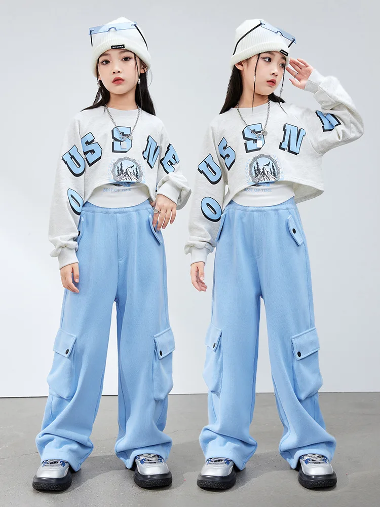 

Kid Kpop Hip Hop Clothing Blue Sweatshirt White Crop Tank Top Casual Wide Pocket Baggy Pants for Girl Jazz Dance Costume Clothes