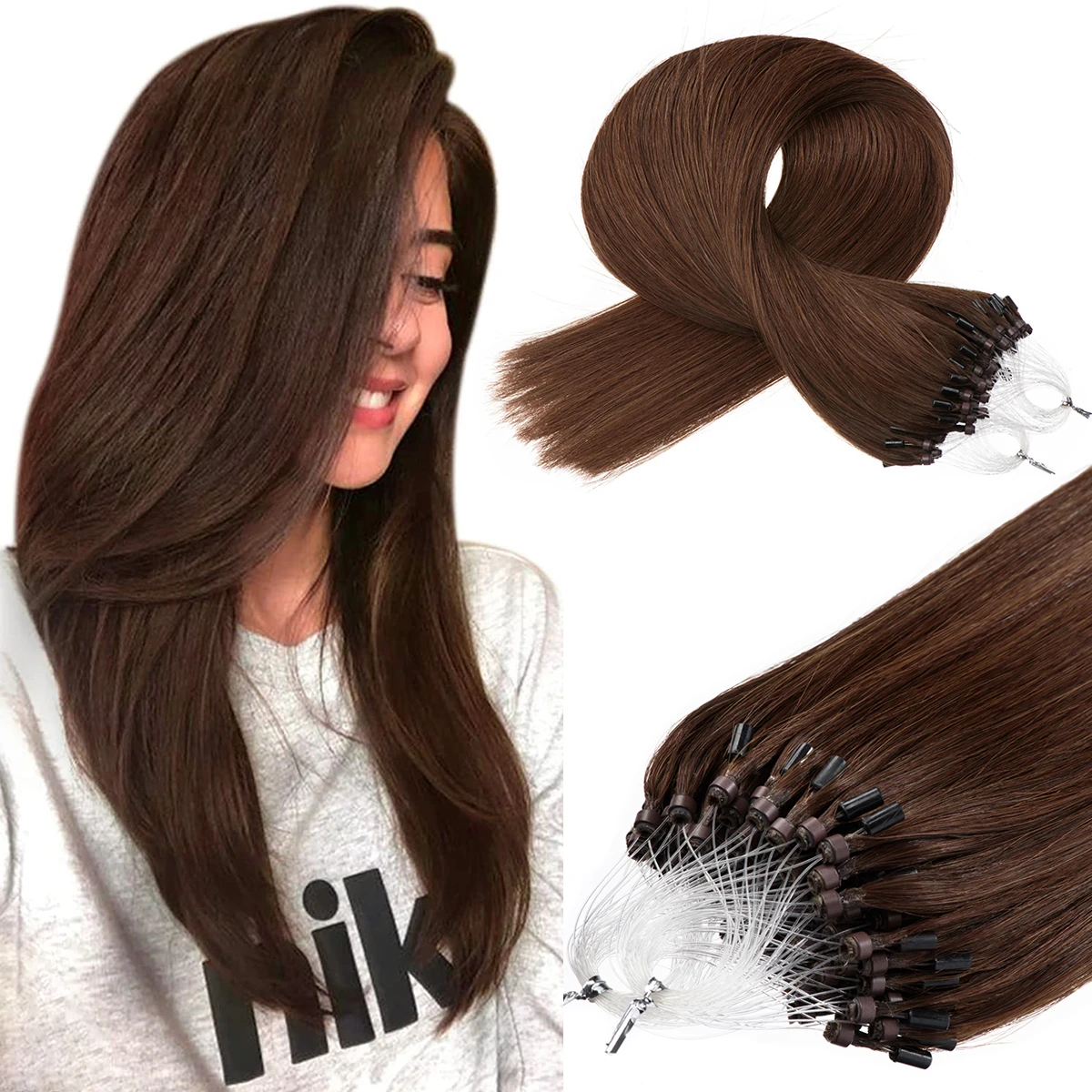 Micro Loop Human Hair Extensions Brown #4 Natural Straight Micro Link Hair Extension Link Extension 50g 1g/s