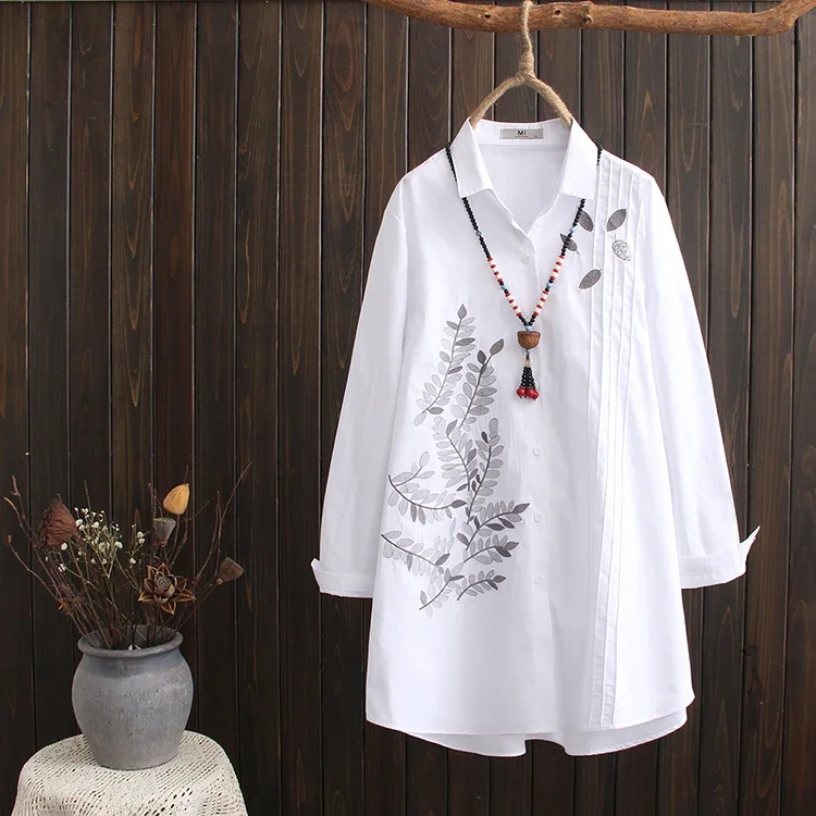 New Fall Women Leaf Embroidery Cotton White Shirt Turn-Down Collar Full Sleeve Loose Long Blouse Office Wear Casual Basic Tops