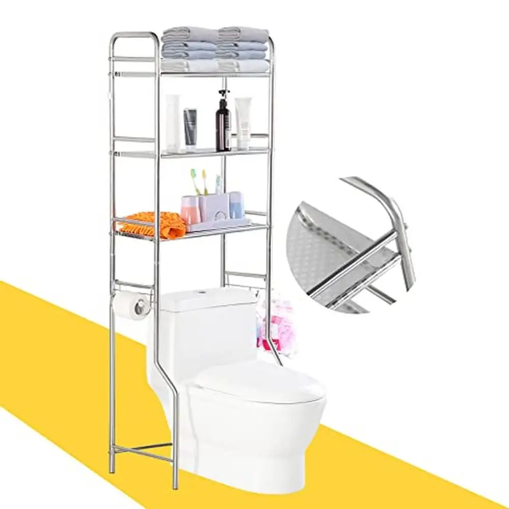 

3-Tier Stainless Steel Over The Toilet Storage Bathroom Shelves Space Saver with Paper Holder Steel Rack Storage Organizer Rack