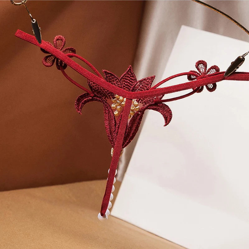 Sexy String Lace Underwear Women Flowers Panties G String T-Back Thong Transparent Lingerie with Pearls See-Through Panties