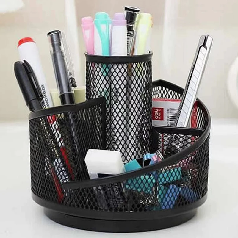 1PC Rotating Pen Holder Desktop Multi-functional Storage Box Metal Mesh 360-degree Free Rotation Office Supplies pen holder,desk organizer,pen and brush holder,desk storage rack