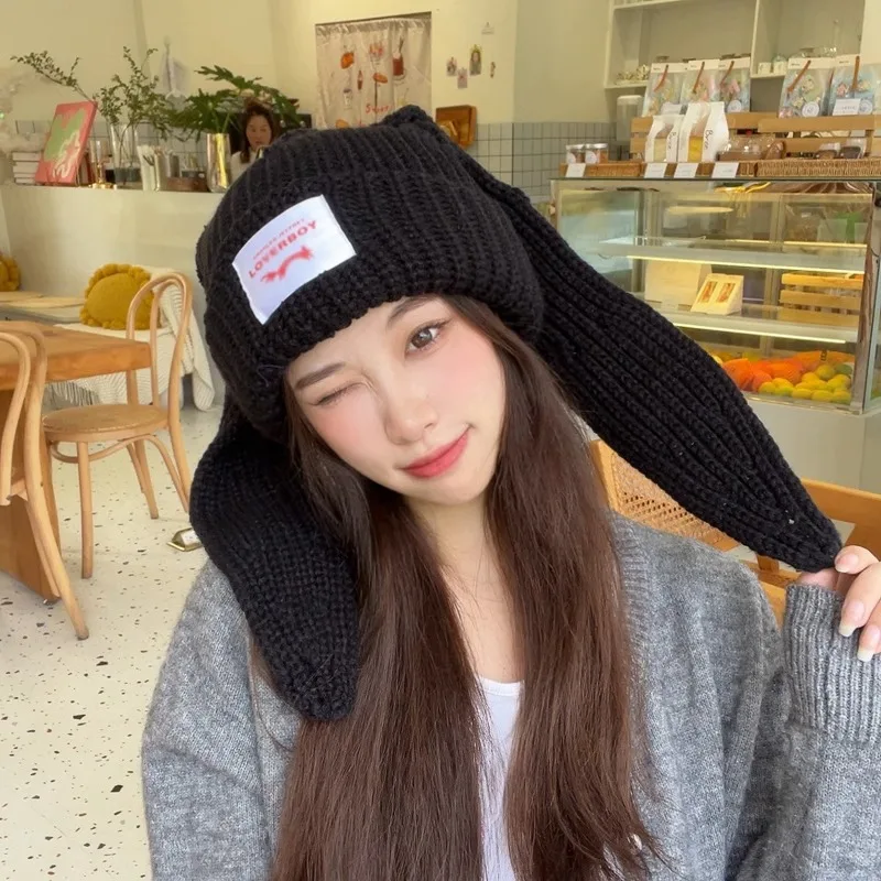 Rabbit Ears Knitted Woolen Hat Winter Thick and Warm Lambhair Ski Mask Beanie Hat for Women Balaclava Mask Beanies for Women 5