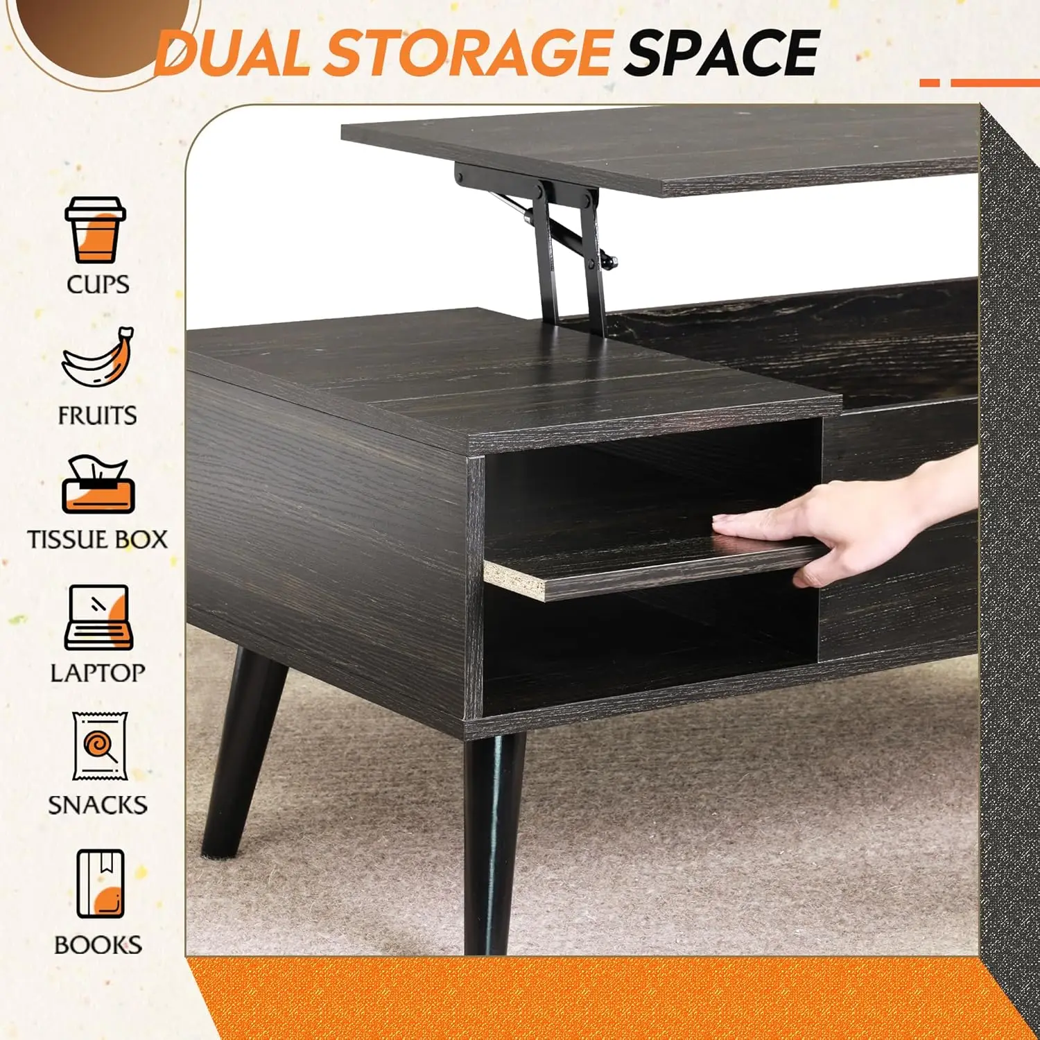 Coffee Table with Hidden Compartment and Adjustable Storage Shelf, Lift Tabletop Dining Table for Home Living Room, Office 6