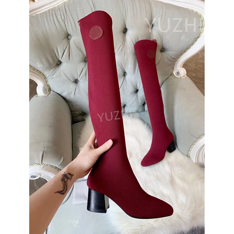 

Women New Style Long Boots Sexy Chunky Heel Over The Knee Knitted Slip On Slim Boots Fashion Runway Designer Stretch Boots
