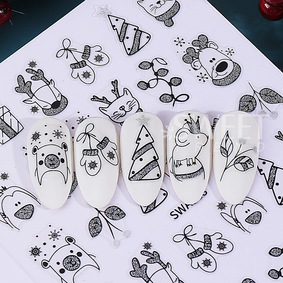 2pcs Glitter Cartoon Christmas Nail Stickers Gold Silver Reindeer Cat Glove Xmas Tree Nail Slider Decals DIY Manicure Decoration