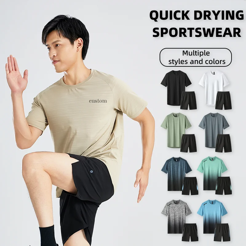 Men Ice Silk Quick Drying Sportswear Suit Fitness Clothes Short Sleeve Sports T-shirt Shorts Running Tracksuit Gym Training Set 2