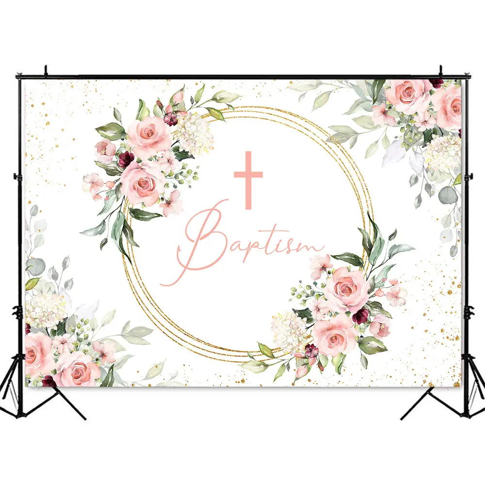 Baptism Baby Shower Backdrop for Girls God Bless Photo Background Pink Flowers Gold Glitter Shining Dots Photocall Backdrops photo backdrop