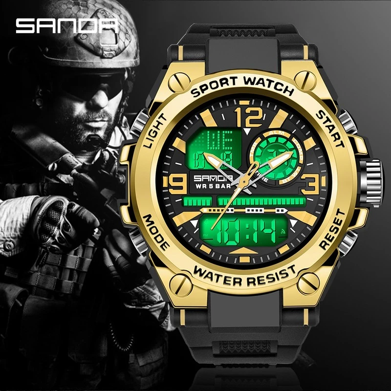 2022 SANDA Quartz 5ATM Waterproof Men Clock Sport Dual Display Electronic Watch Top Brand Military Men's Watch Relogio Masculino