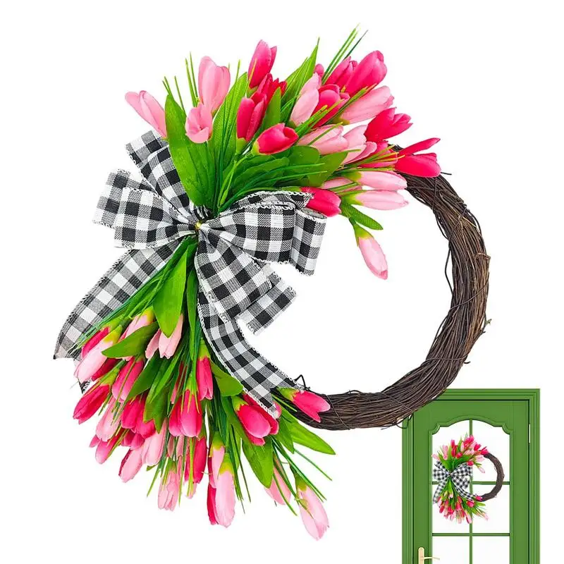 

Весенний цветочный венок тюльпана, искусственные цветочные венки тюльпанов для весны, искусственные цветочные венки тюльпанов, декоративные дверные розовые венки