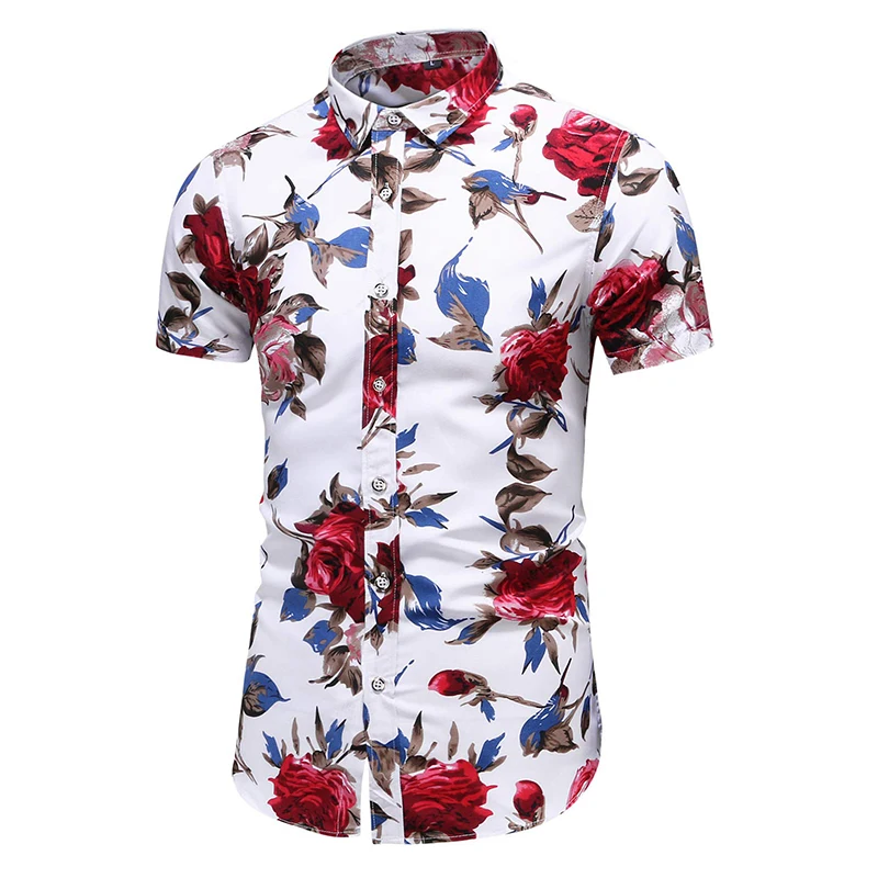 thumbnail image 1 of Camisetas con estampado de flores de rosas en 3D para hombre, de manga corta, ajustadas, con botones, informales, con estampado floral, 1 of 4