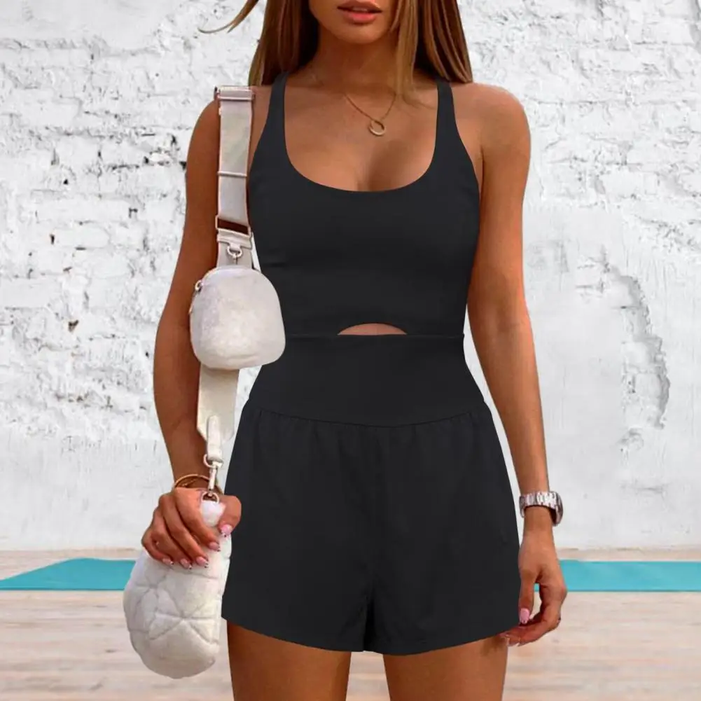 

Women Running Workout Rompers Summer Scoop Neck Sleeveless Front Hollow Wide Leg Exercise Overalls Gym Yoga Jumpsuit