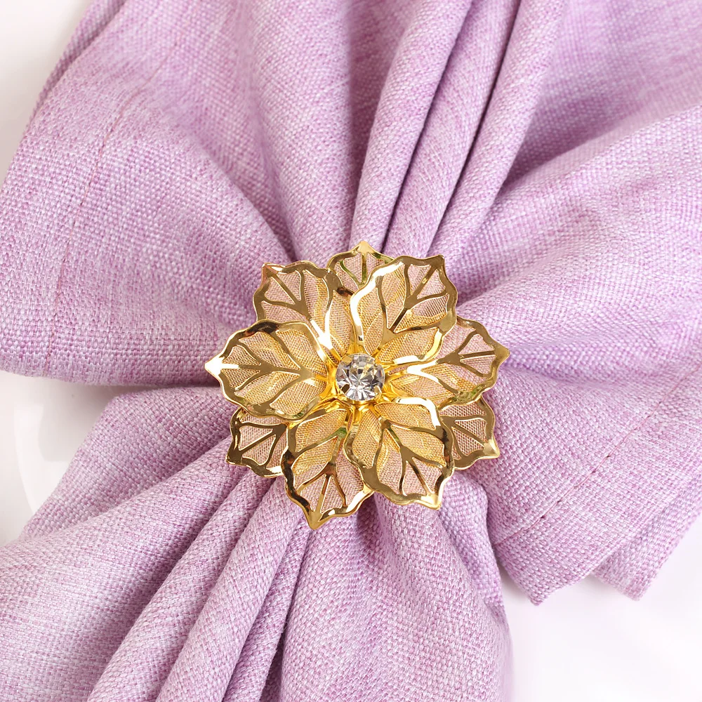 

6Pcs Golden Rose Flower Napkin Holder Floral Rhinestone Napkins Rings For Wedding Mother's Thanksgiving Party Dinner Table Decor