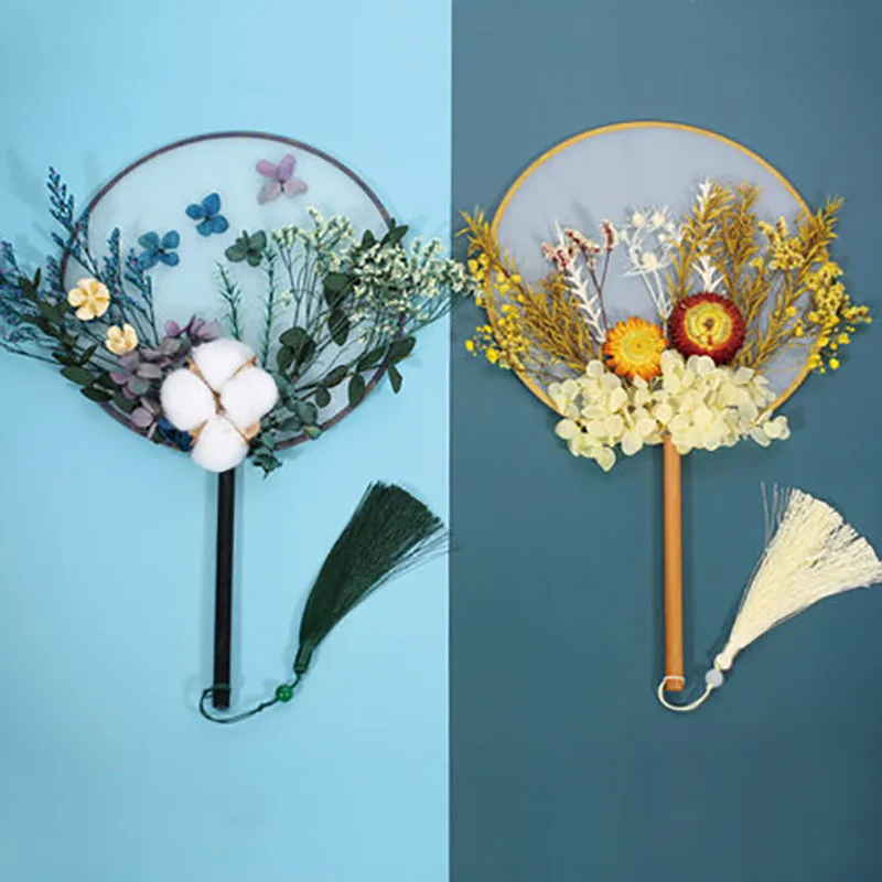 Natural Dried Flowers Fans DIY Kit, Round Painting, Hand Decorative Fans, Craft Making, Hanfu, Home Decoration, Party, Wedding