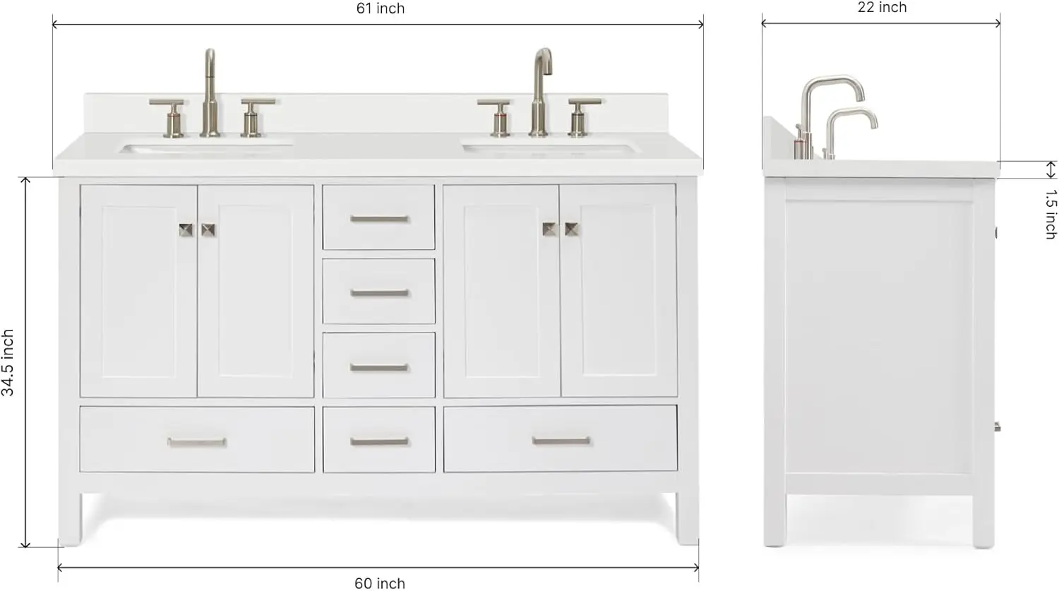 61" White Double Bathroom Vanity with Sink, 1.5" Edge Pure White Quartz Countertop & Backsplash, Brushed Nickel 2