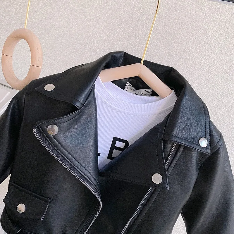 PU Leather Jackets Kids Boys Girls Autumn Spring Classics Lapel Zipper Outerwear Fly Coats Casual Clothing 1-8 Years