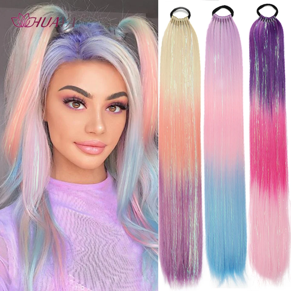 28inch Synthetic Braided Ponytail DIY Ombre Hair Extensions Colorful Hair For Braiding Glitter Christmas Holiday Daily Use