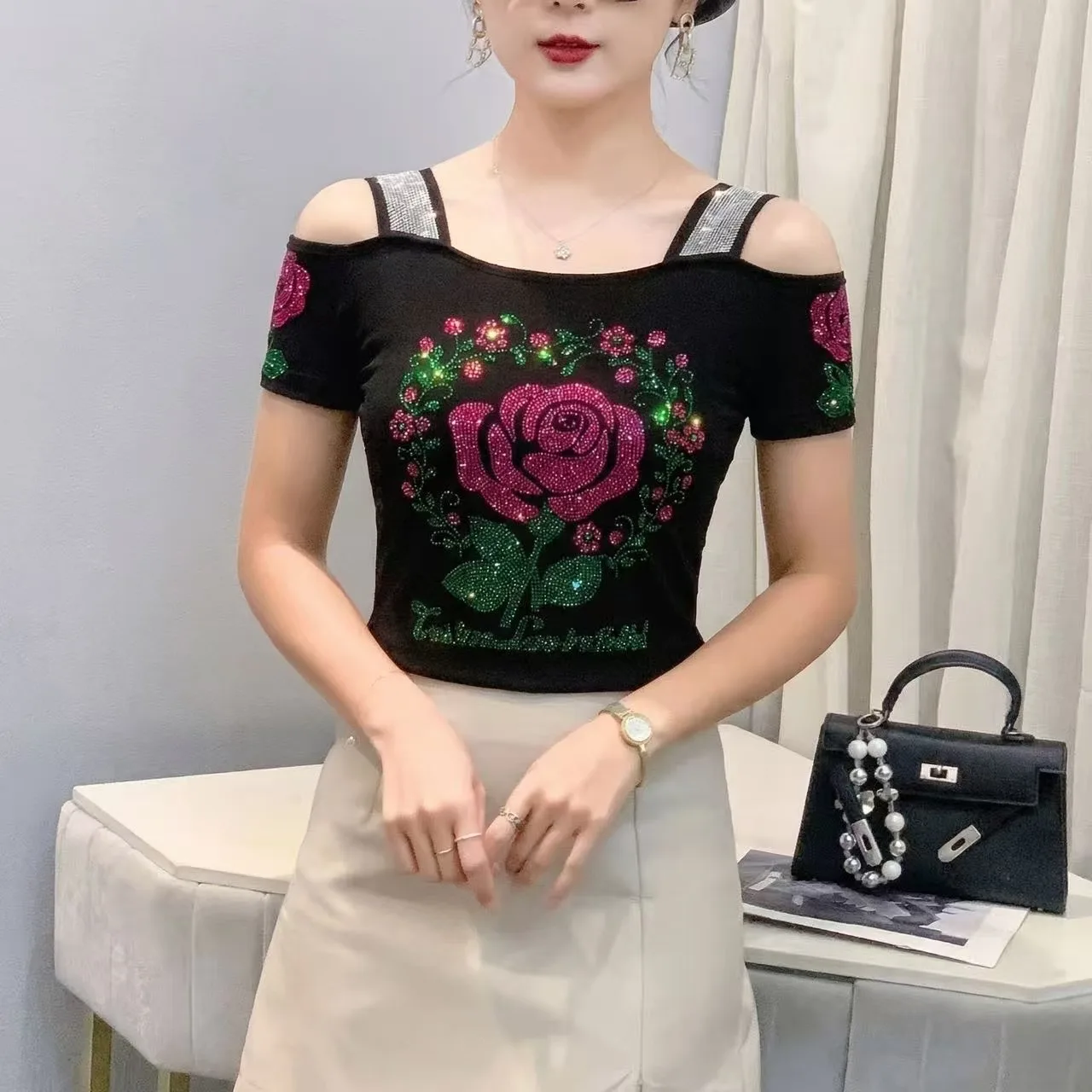 New Designer Hot Diamond Mesh T-Shirt Women Korean Style Sexy Off Shoulder Slim Tee Summer Casual Streetwear Tops