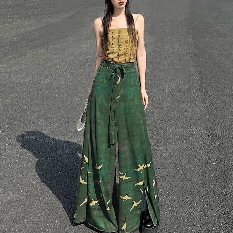 Chinese Ethnic Style Chiffon Print Wide-leg Pants Retro Waist Skirts Pants Casual Women's fashion improved hanfu Trousers