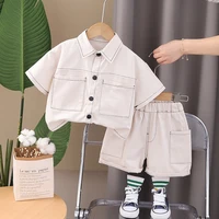 Vêtements d'été pour enfants garçons, vêtements de travail solides, T-Shirts à manches courtes avec dessin animé, pantalons courts, ensemble de survêtement 2
