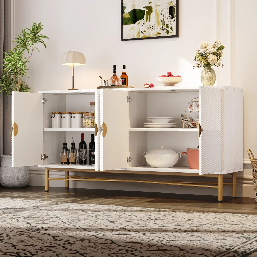 Sideboard mit eleganter Textur, Kleiderschrank mit vier Türen, goldfarbenen gebürsteten Griffen und hochglänzenden Tischbeinen, Weiß, 160 x 40 x 82 cm – Detail 9