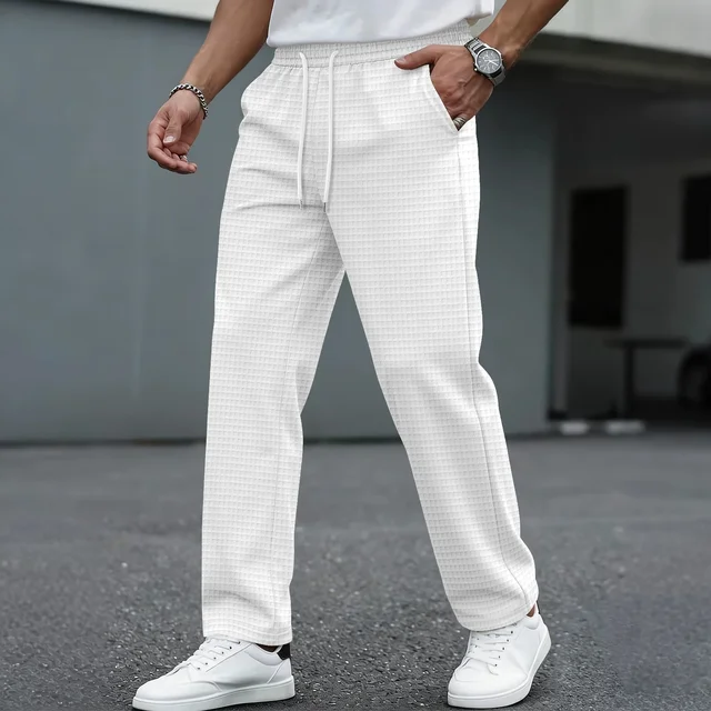 Pantalon décontracté pour homme, nouveau modèle à carreaux larges avec cordon de serrage - léger, respirant, couleur unie, coupe droite confortable 1