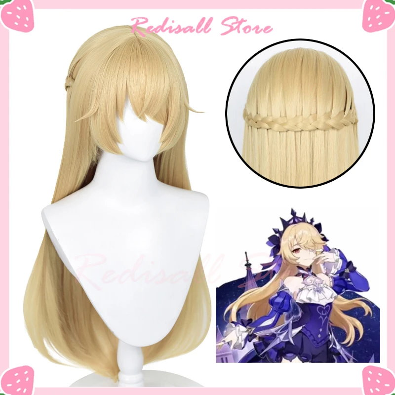 

Парик для косплея мондштат фишл, термостойкий с длинными прямыми волосами в золотистой оплетке, для женщин, для ролевых игр на Хэллоуин, с бесплатной шапочкой