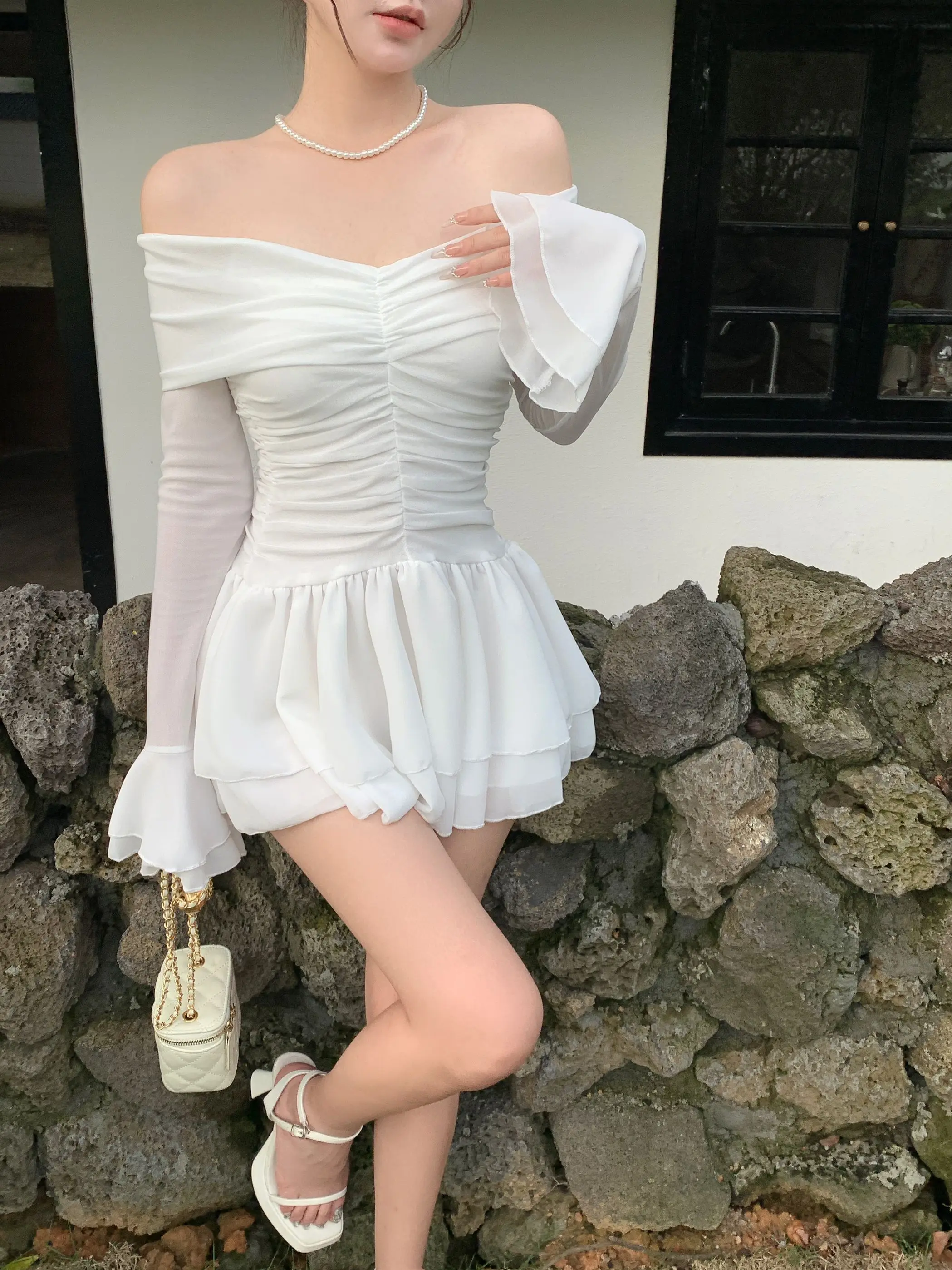 Elegant Mini White Dresses for Women Slash Neck Flare Sleeves Slim Waist Ruffles A-line Korean Fashion Short Vestidos Mujer New