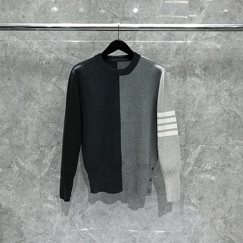 

TB THOM Men's Sweaters 2022 Autumn New Arrival Coats Gray Patchwork 4 Bar Stripes Pullovers Harajuku Streetwear Sweaters