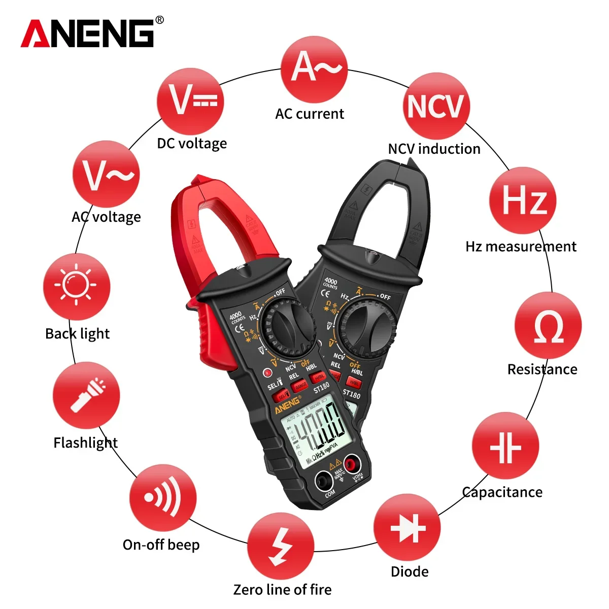 Digital Clamp Meter ANENG ST180 4000 Counts AC Current Multimeter Ammeter Voltage Tester Car Amp Hz Capacitance NCV Ohm Tool
