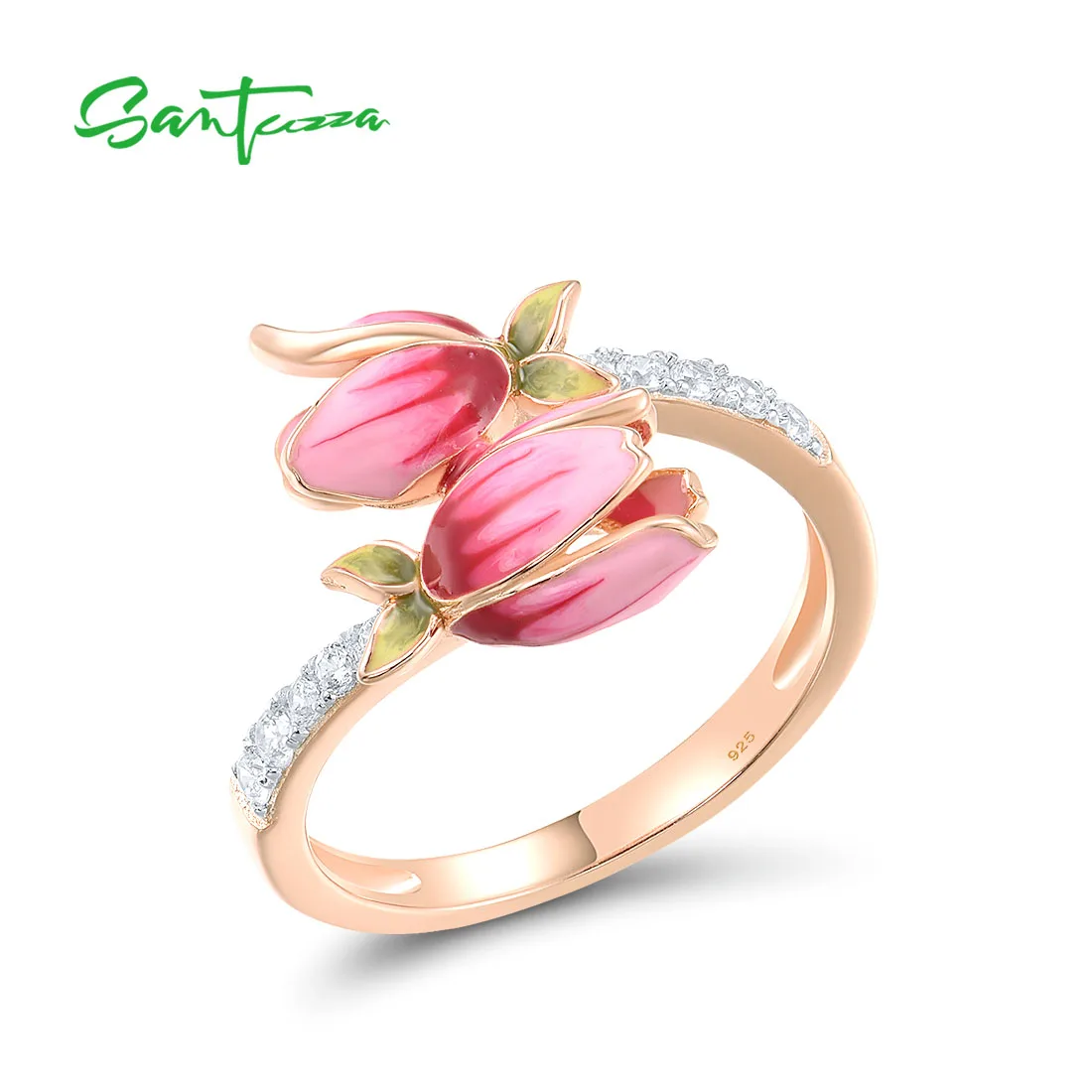 SANTUZZA Genuine 925 Sterling Silver Rings For Women Sparkling White Cubic Zirconia Enamel Tulip Flower Rose Plated Fine Jewelry